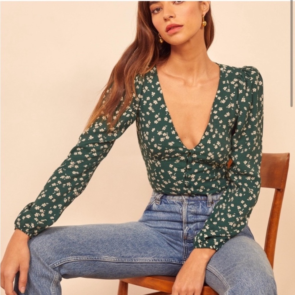 Reformation Green Fitted Long Sleeve Nell Top
